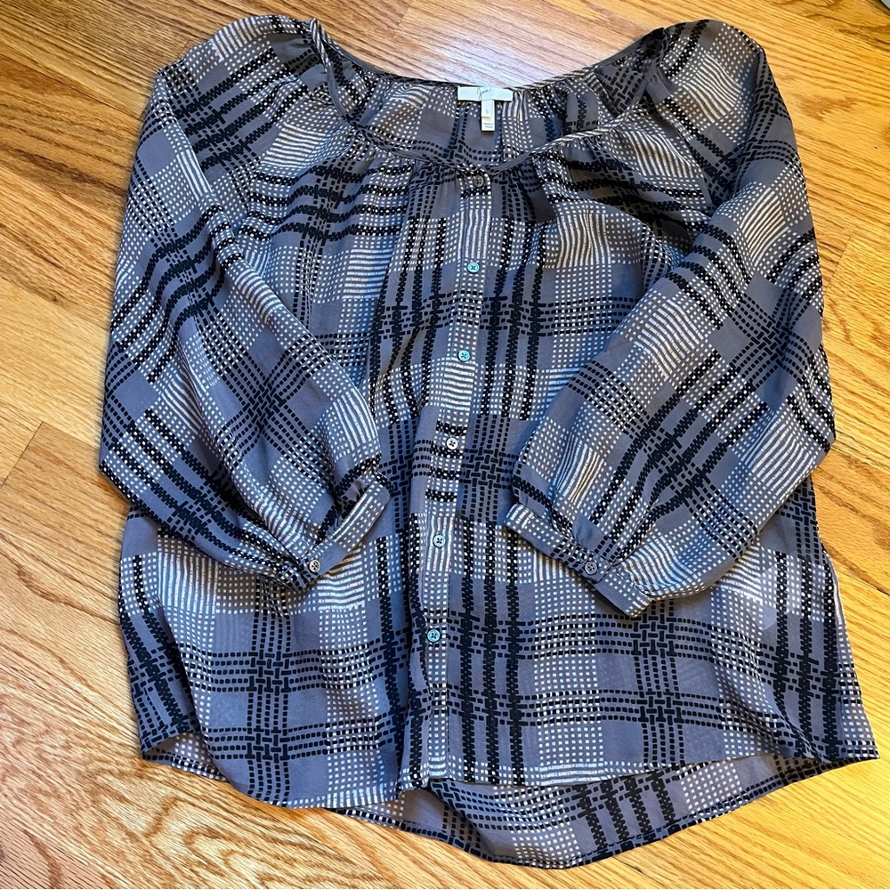 Joie silk grey plaid button down blouse size small